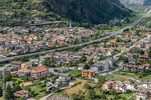 Aerial view of Hone and of the southern part of the Aosta Valley, Italy, from Bard's Fort