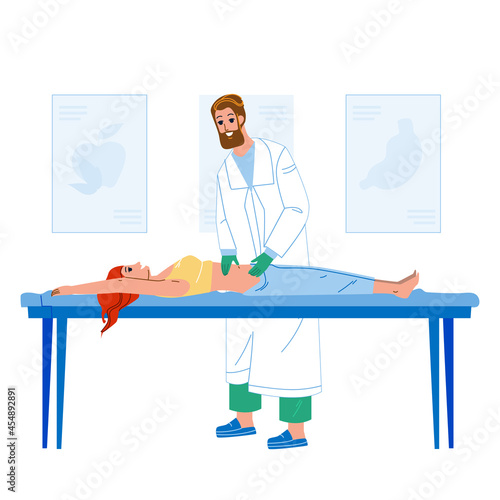 Gastroenterologist Examining Woman Patient Vector. Gastroenterologist Doctor Checking Girl Stomach On Hospital Cabinet Table. Characters Health Examination And Treatment Flat Cartoon Illustration