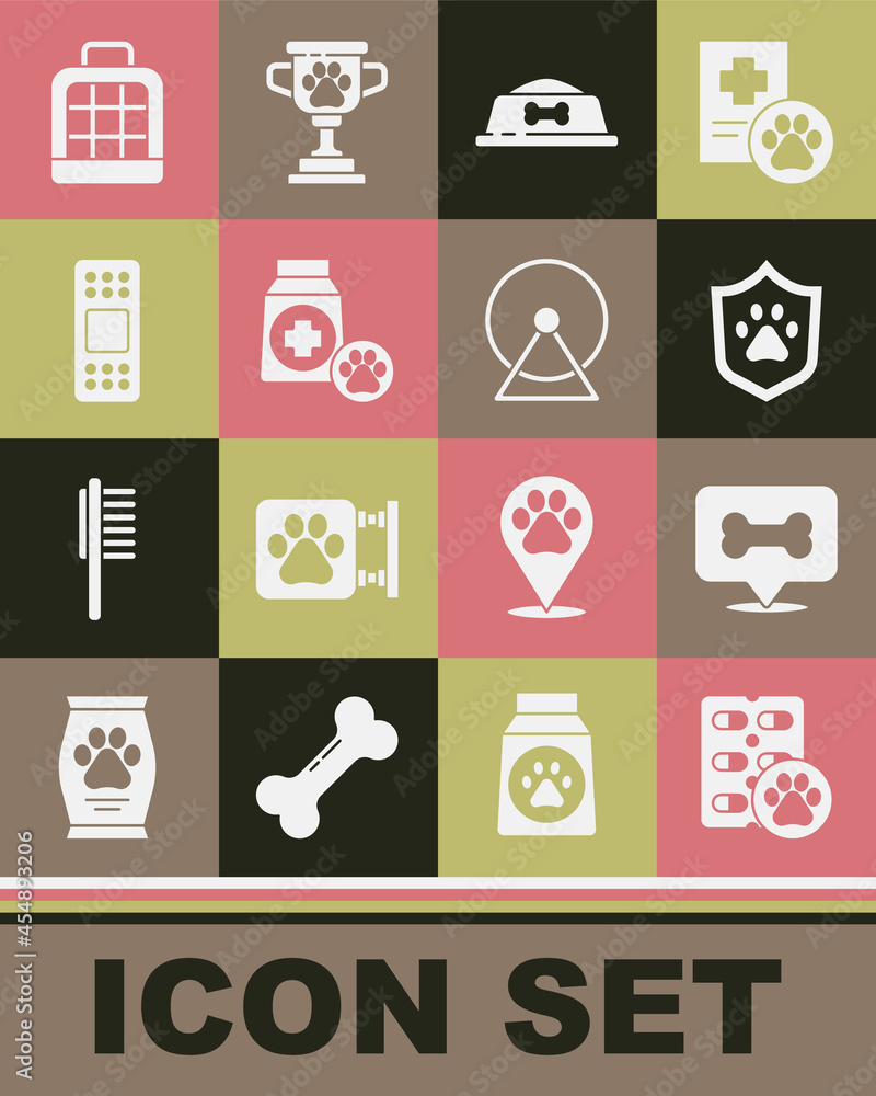 Set Dog pill, bone, Animal health insurance, Pet food bowl, Bag of, Bandage plaster, carry case and Hamster wheel icon. Vector Set Dog pill, bone, Animal health insurance, Pet food bowl, Bag of, Bandage plaster, carry case and Hamster wheel icon. Vector
