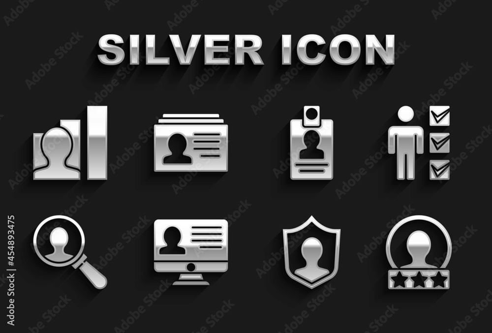 Set Monitor with resume, User of man in business suit, Create account screen, protection, Magnifying glass for search, Identification badge, Productive human and Resume icon. Vector Set Monitor with resume, User of man in business suit, Create account screen, protection, Magnifying glass for search, Identification badge, Productive human and Resume icon. Vector
