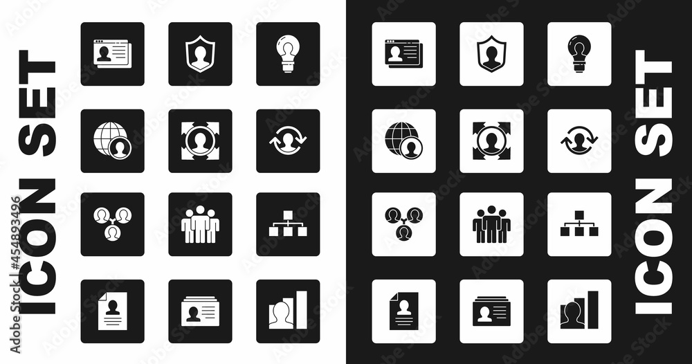 Set Head with lamp bulb, hunting, Globe and people, Resume, Human resources, User protection, Hierarchy organogram chart and Project team base icon. Vector Set Head with lamp bulb, hunting, Globe and people, Resume, Human resources, User protection, Hierarchy organogram chart and Project team base icon. Vector