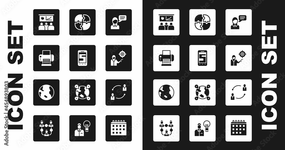 Set Speech bubble chat, Chat messages on phone, Printer, Training, presentation, Marketing target strategy, Piece of puzzle, Human resources and Earth globe icon. Vector Set Speech bubble chat, Chat messages on phone, Printer, Training, presentation, Marketing target strategy, Piece of puzzle, Human resources and Earth globe icon. Vector