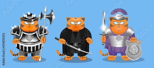 Set of cartoon funny smiling fat ginger good cats warriors in different armor with swords, shield and ax