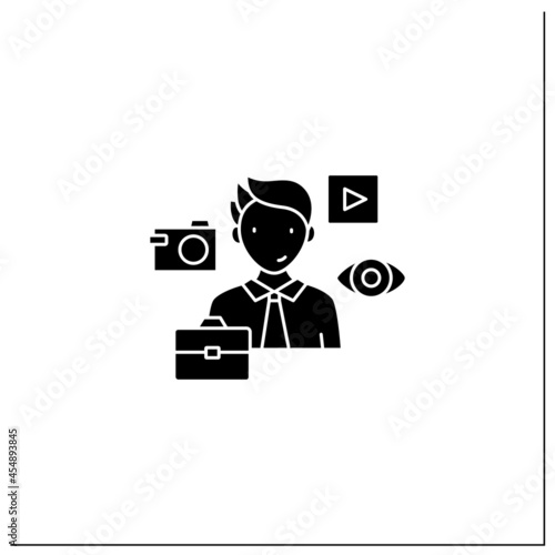 Visual communication glyph icon.Communicate using signs, typography, drawing, video clip, advertising. Visual elements.Effective communication.Filled flat sign. Isolated silhouette vector illustration