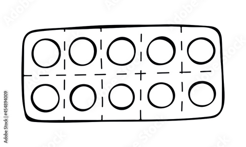 Vector sketch pills blister package isolated on white background. Hand drawn pills icon. Doodle medical illustration. For print, web, design, decor, logo. 