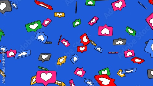 Colorful heart icons on blue background. Toon style illustration for background. 