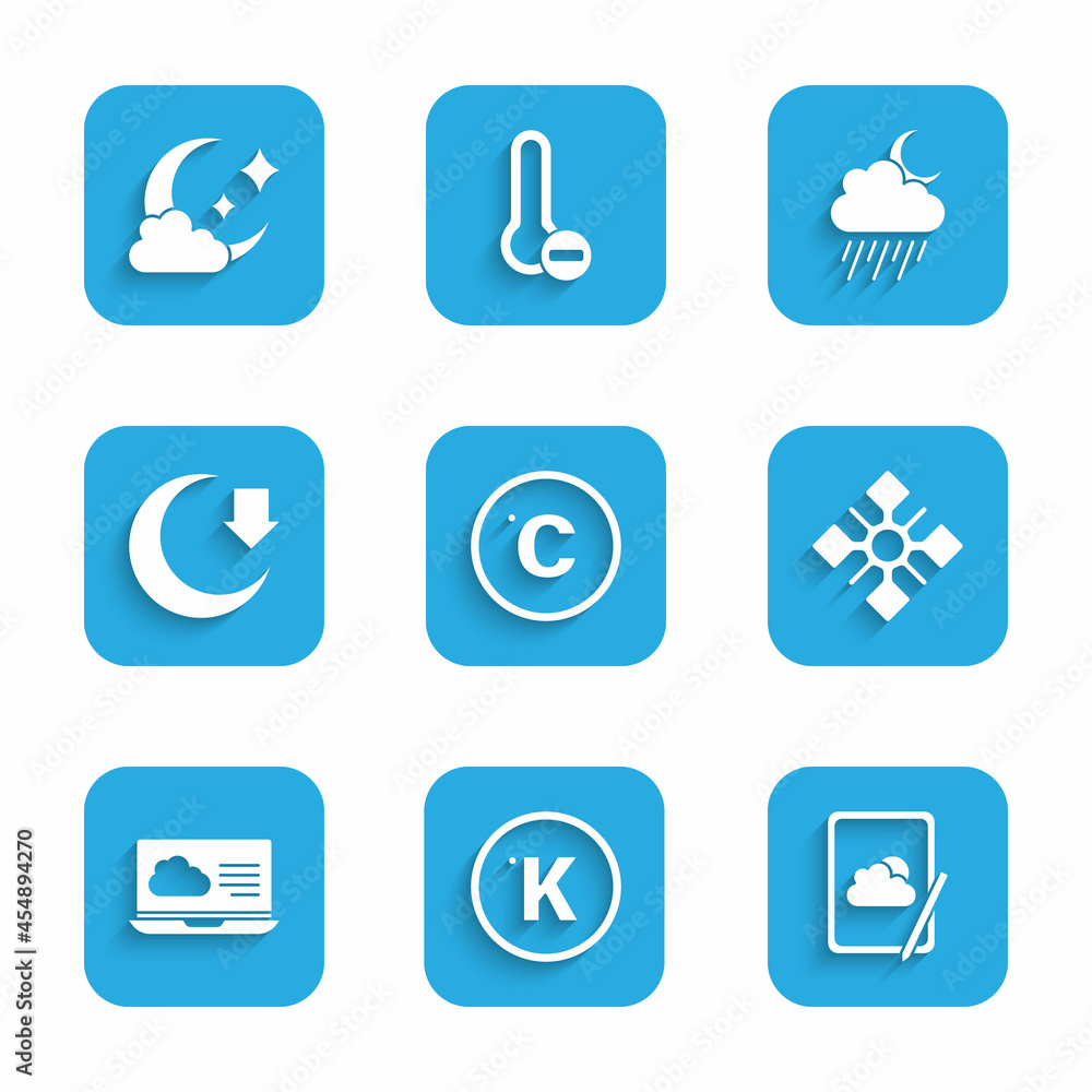 Set Celsius, Kelvin, Weather forecast, Snowflake, Moon, Cloud with rain and moon and icon. Vector Set Celsius, Kelvin, Weather forecast, Snowflake, Moon, Cloud with rain and moon and icon. Vector