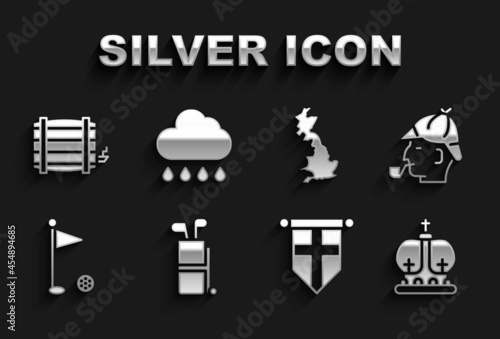 Set Golf bag with clubs, Sherlock Holmes, British crown, England flag on pennant, map, Wooden barrel and Cloud rain icon. Vector