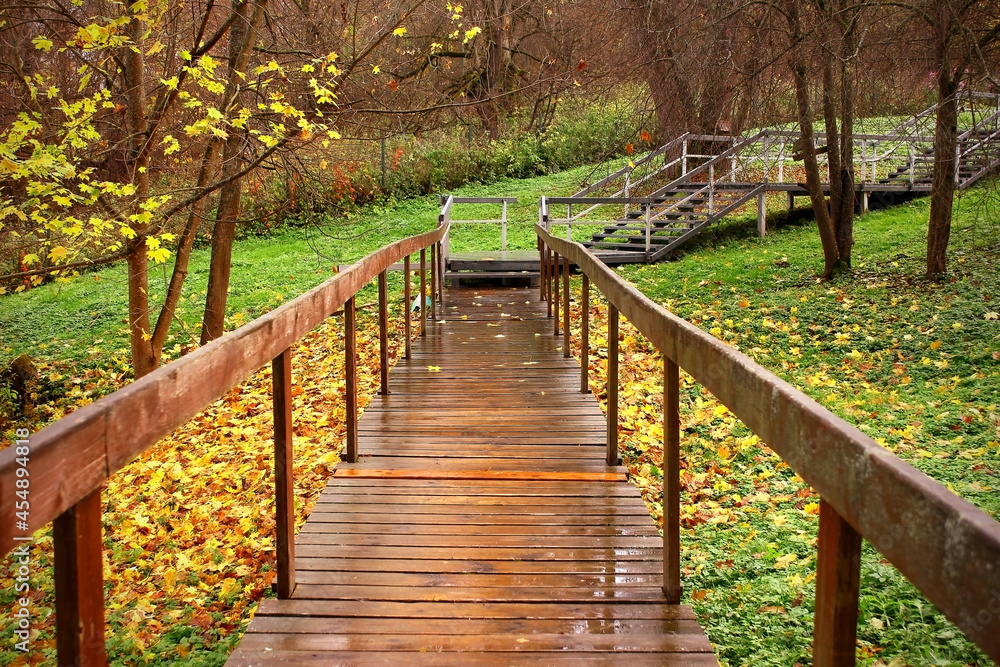 Fototapeta premium Wooden old bridge and walkway in the park. Autumn and leaf fall.