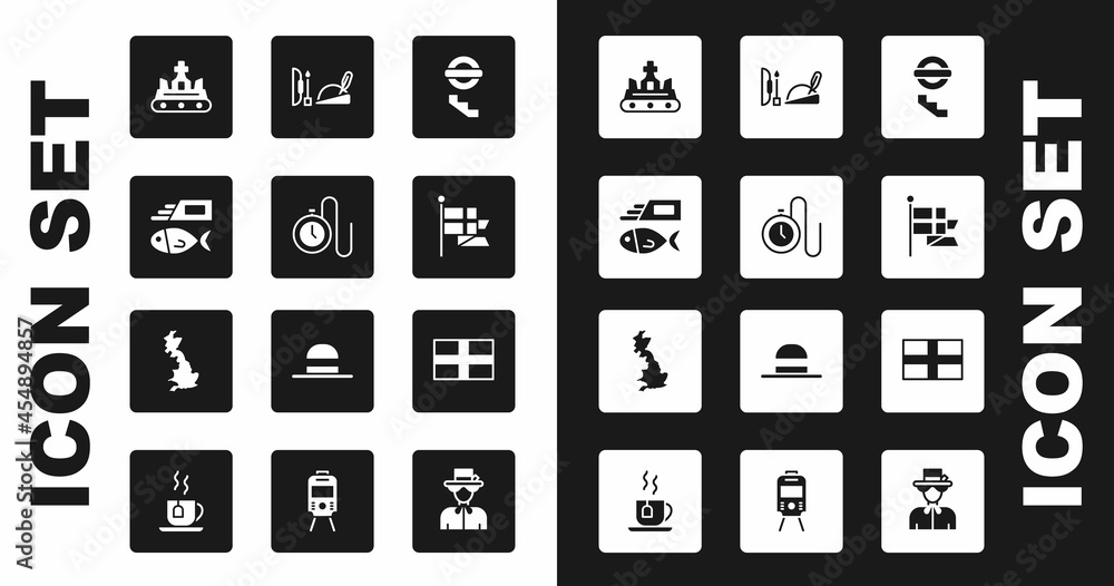 Set London underground, Watch with a chain, Fish and chips, British crown, England flag flagpole, Robin hood hat, Flag of and map icon. Vector Set London underground, Watch with a chain, Fish and chips, British crown, England flag flagpole, Robin hood hat, Flag of and map icon. Vector