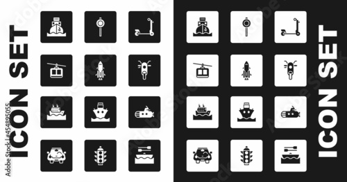 Set Scooter, Rocket ship with fire, Cable car, Cargo, Road traffic signpost, Submarine and Cruise icon. Vector