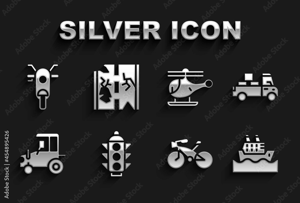 Set Traffic light, Delivery truck, Cruise ship, Bicycle, Tractor, Helicopter, Scooter and Broken road icon. Vector Set Traffic light, Delivery truck, Cruise ship, Bicycle, Tractor, Helicopter, Scooter and Broken road icon. Vector