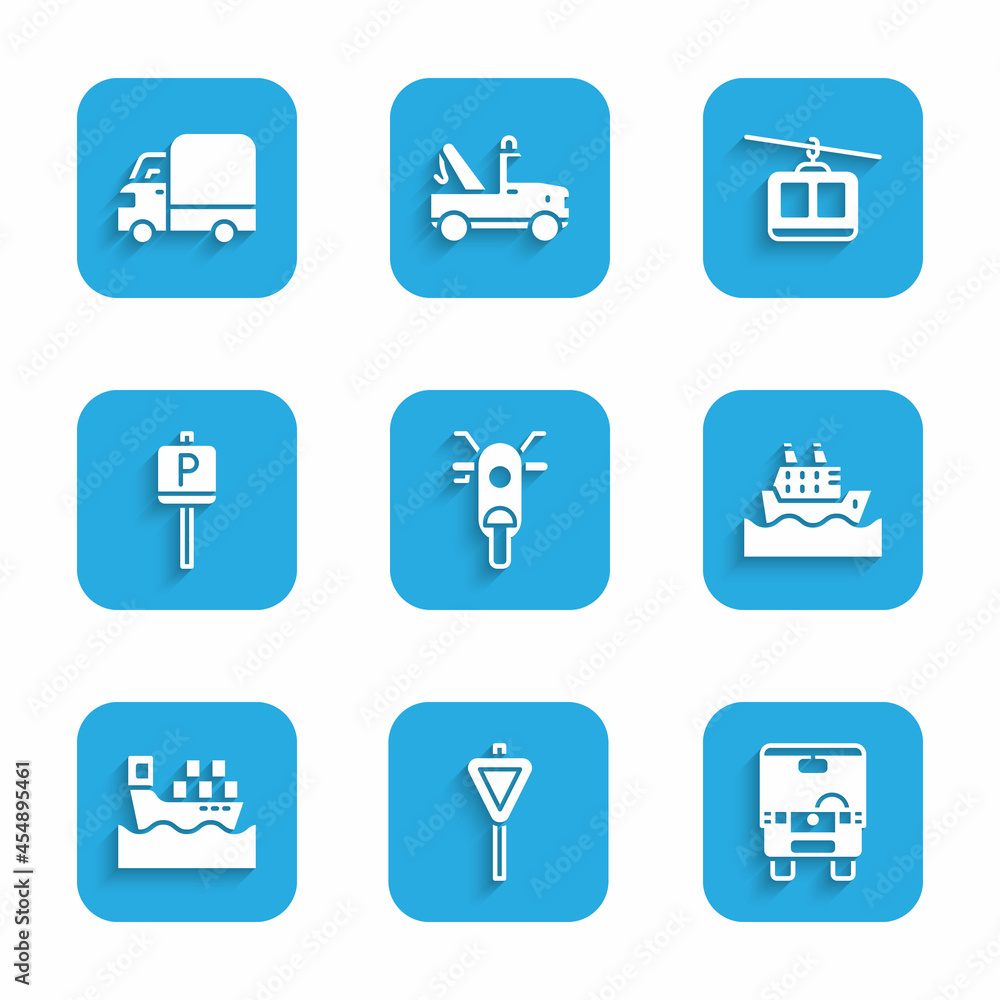 Set Scooter, Road traffic signpost, Bus, Cruise ship, Cargo with boxes, Parking, Cable car and Delivery cargo truck icon. Vector Set Scooter, Road traffic signpost, Bus, Cruise ship, Cargo with boxes, Parking, Cable car and Delivery cargo truck icon. Vector