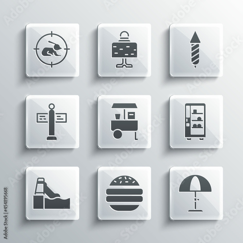 Set Burger, Sun protective umbrella, Vending machine, Fast street food cart, Water slide, Road traffic signpost, Hunt on rabbit with crosshairs and Firework rocket icon. Vector