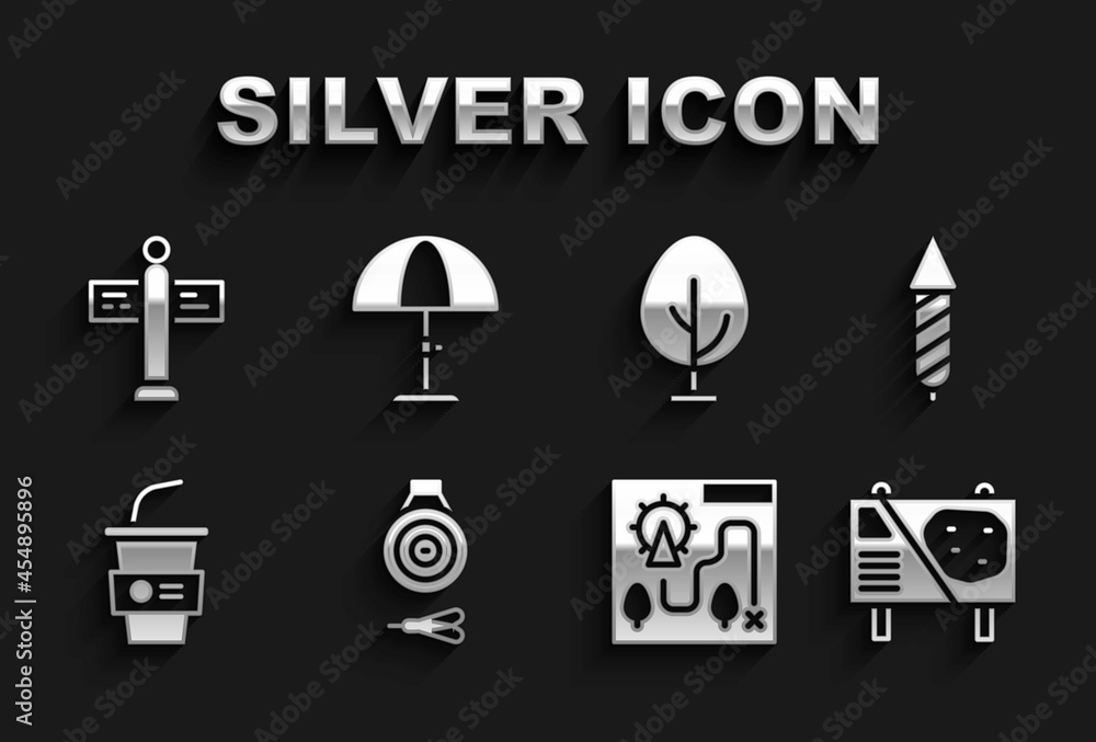 Set Classic dart board and arrow, Firework rocket, Amusement park billboard, map, Paper glass with water, Tree, Road traffic signpost and Sun protective umbrella icon. Vector Set Classic dart board and arrow, Firework rocket, Amusement park billboard, map, Paper glass with water, Tree, Road traffic signpost and Sun protective umbrella icon. Vector