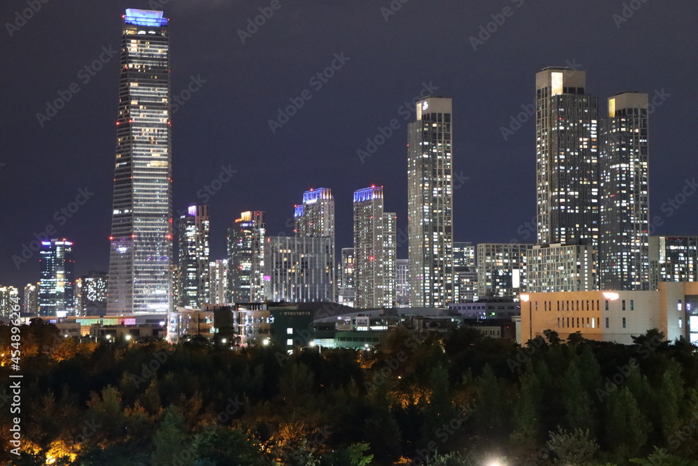Songdo city skyline at night from global campus prugio