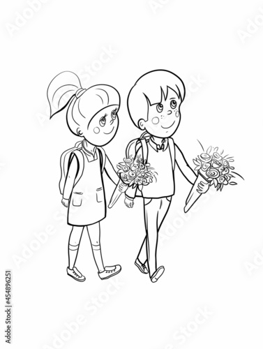 Children go to school, smartly dressed and carry bouquets of flowers to the teacher, the beginning of the school year, schoolchildren, hand drawn illustration