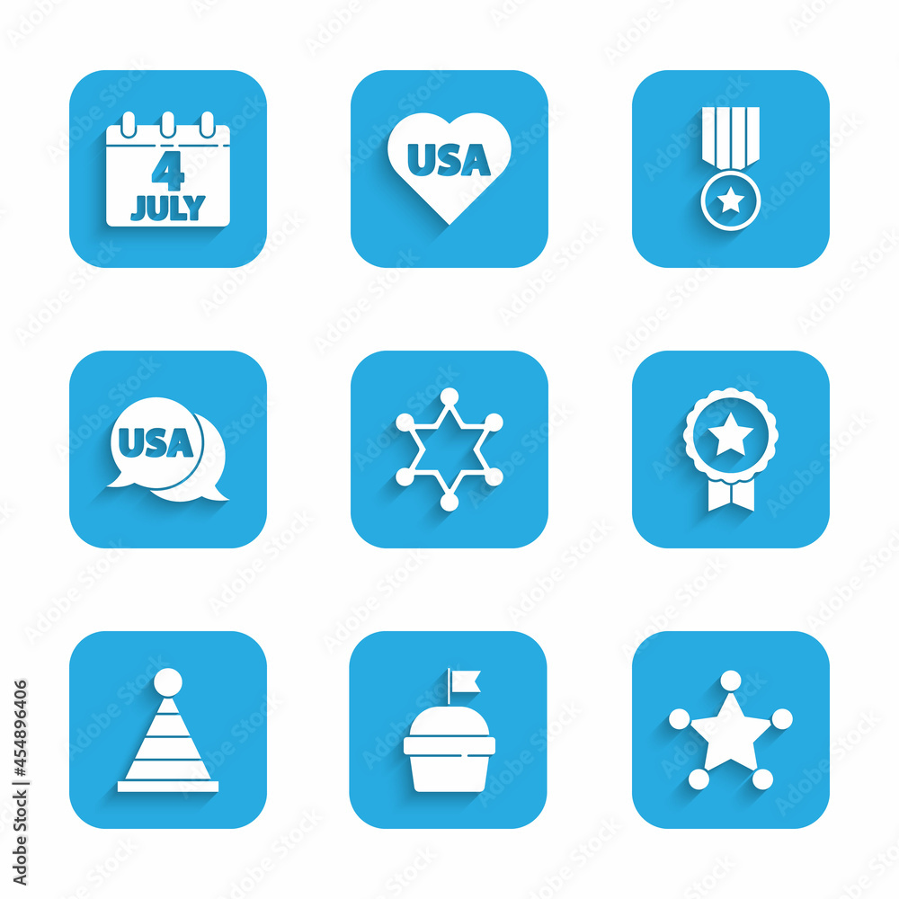 Set Hexagram sheriff, Cake, Medal with star, Party hat, USA label, and Calendar date July 4 icon. Vector Set Hexagram sheriff, Cake, Medal with star, Party hat, USA label, and Calendar date July 4 icon. Vector