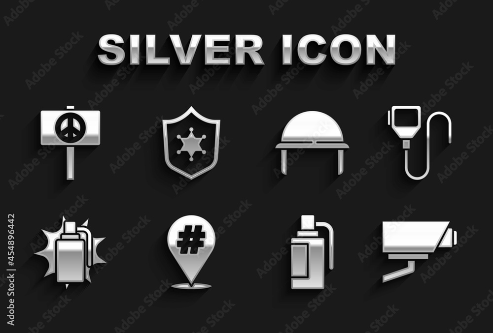Set Protest, Walkie talkie, Security camera, Hand grenade, Military helmet, Peace and Police badge icon. Vector Set Protest, Walkie talkie, Security camera, Hand grenade, Military helmet, Peace and Police badge icon. Vector