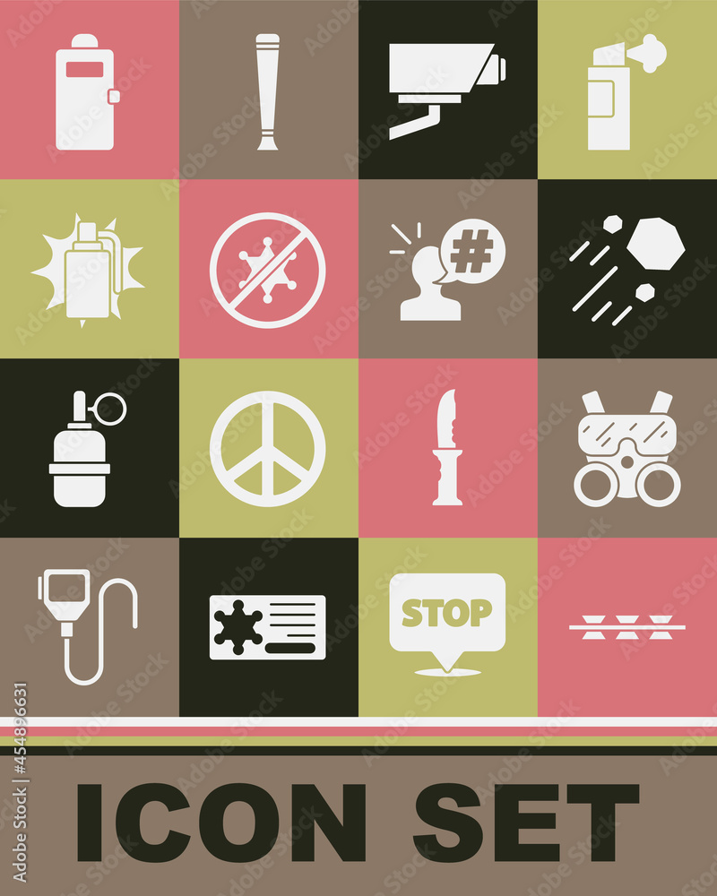 Set Barbed wire, Gas mask, Flying stone, Security camera, Protest, Hand grenade, Police assault shield and icon. Vector Set Barbed wire, Gas mask, Flying stone, Security camera, Protest, Hand grenade, Police assault shield and icon. Vector