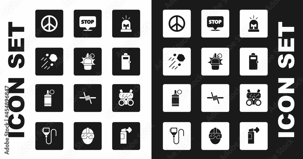 Set Flasher siren, Hand grenade, Flying stone, Peace, Police assault shield, Protest, Gas mask and icon. Vector Set Flasher siren, Hand grenade, Flying stone, Peace, Police assault shield, Protest, Gas mask and icon. Vector