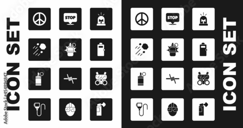Set Flasher siren, Hand grenade, Flying stone, Peace, Police assault shield, Protest, Gas mask and icon. Vector