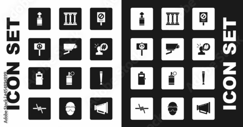 Set Protest, Security camera, Peace, Hand grenade, Prison window, Police rubber baton and assault shield icon. Vector