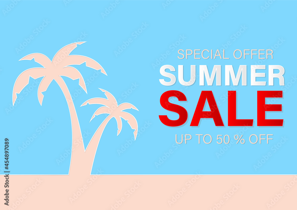 Summer sale banner with paper cut style, vector illustration, design for banner, flyer, invitation, poster, web site or greeting card