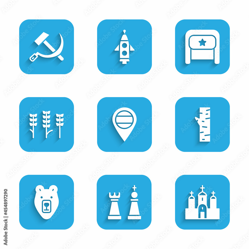 Set Location Russia, Chess, Church building, Birch tree, Bear head, Wheat, Ushanka and Hammer and sickle USSR icon. Vector Set Location Russia, Chess, Church building, Birch tree, Bear head, Wheat, Ushanka and Hammer and sickle USSR icon. Vector