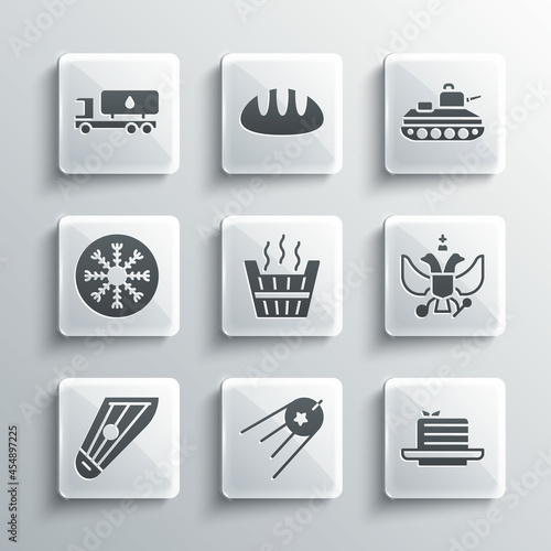 Set Satellite, Medovik, National emblem of Russia, Sauna bucket, Kankles, Snowflake, Tanker truck and Military tank icon. Vector