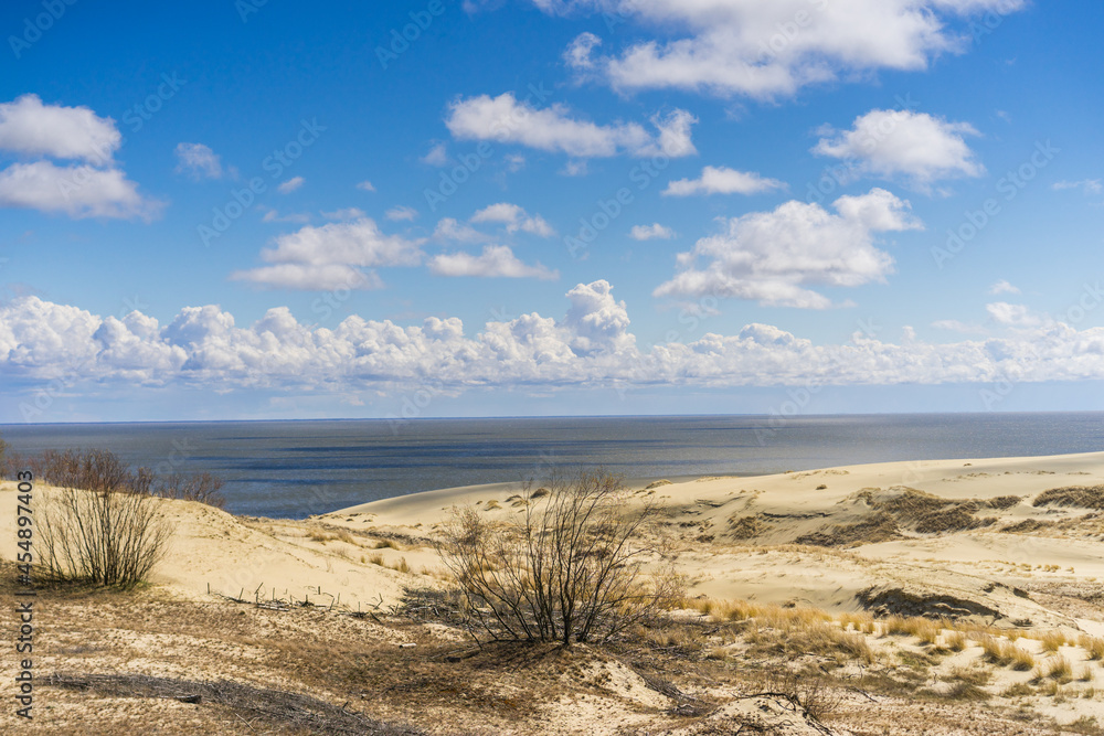 Coast of the Baltic Sea. Sand dunes with clouds. Typical Baltic beach landscape.