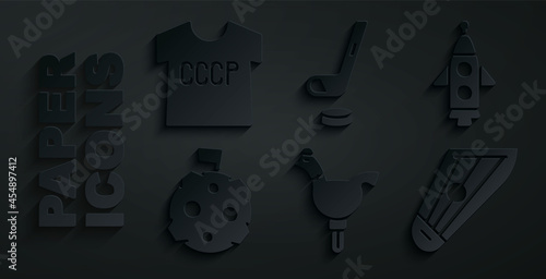 Set Cockerel lollipop, Rocket ship, Moon with flag, Kankles, Ice hockey stick and puck and USSR t-shirt icon. Vector
