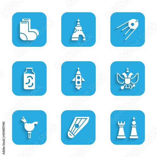 Set Rocket ship, Kankles, Chess, National emblem of Russia, Cockerel lollipop, Pickled cucumbers in jar, Satellite and Valenki icon. Vector