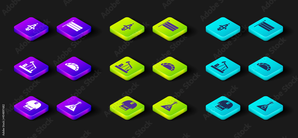 Set Kosovorotka, Balalaika, Oil pump pump jack, Dumpling, National Russia flag and Rocket ship icon. Vector Set Kosovorotka, Balalaika, Oil pump pump jack, Dumpling, National Russia flag and Rocket ship icon. Vector