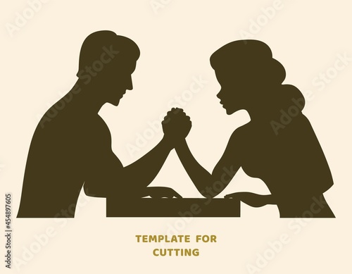 Template for laser cutting, wood carving, paper cut. Silhouettes for cutting. Arm wrestling challenge between a young couple vector stencil