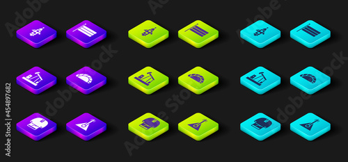 Set Kosovorotka, Balalaika, Oil pump pump jack, Dumpling, National Russia flag and Rocket ship icon. Vector