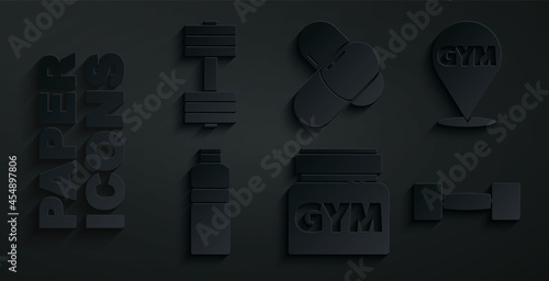Set Sports nutrition, Location gym, Fitness shaker, Dumbbell, and icon. Vector