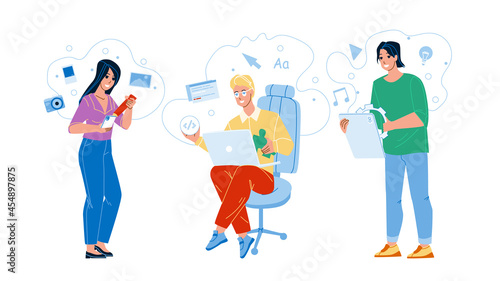 User Generated Content Ugc Workers Business Vector. Man And Woman Advertising Organization Of Site And Web Management Application Ugc Professional Occupation. Characters Flat Cartoon Illustration