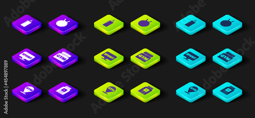 Set Location gym, Sports nutrition, Kettlebell and Punching bag icon. Vector