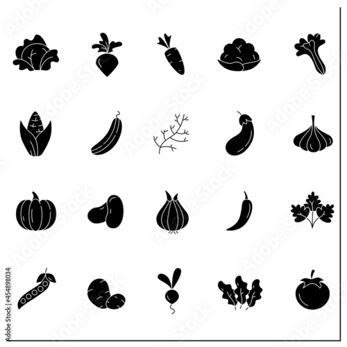 Vegetables glyph icons set. Edible plant. Vegetarian, healthy nutrition. health benefits. Agriculture concept. Filled flat sign. Isolated silhouette vector illustration