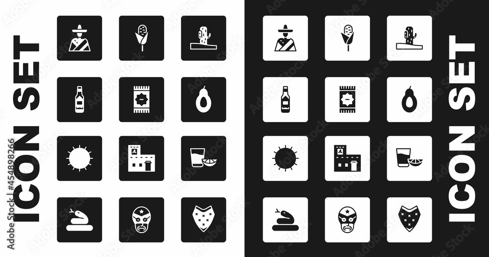 Set Cactus, Mexican carpet, Tabasco sauce, man sombrero, Avocado, Corn, Tequila glass with lemon and Sun icon. Vector Set Cactus, Mexican carpet, Tabasco sauce, man sombrero, Avocado, Corn, Tequila glass with lemon and Sun icon. Vector