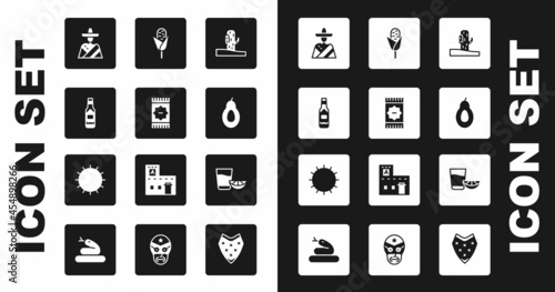 Set Cactus, Mexican carpet, Tabasco sauce, man sombrero, Avocado, Corn, Tequila glass with lemon and Sun icon. Vector