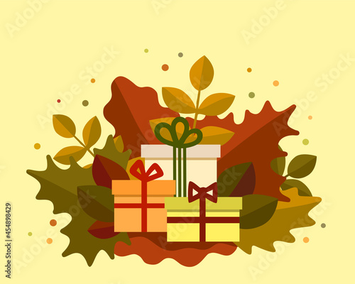 Beautiful gift boxes with a background of autumn leaves. Decorative card in сartoon flat style for Thanksgiving, leaf fall sales. Place for text. Seasonal natural colors. Autumn vector illustration.