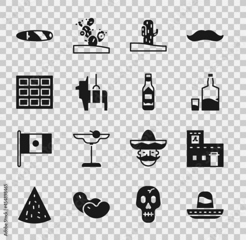 Set Mexican sombrero, house, Tequila bottle and glass, Cactus, Pinata, Chocolate bar, Cigar and Tabasco sauce icon. Vector