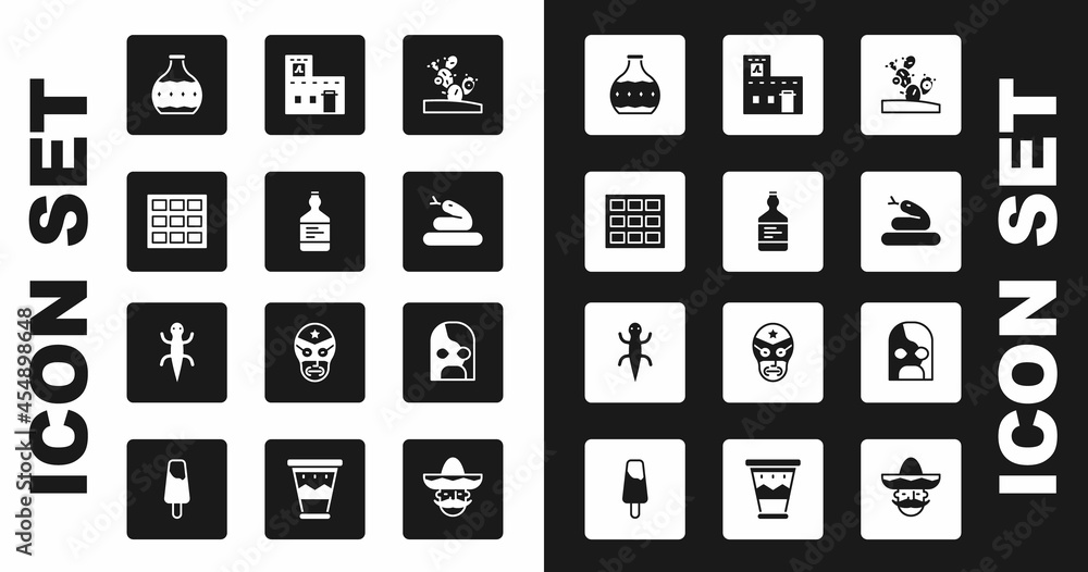 Set Cactus, Tequila bottle, Chocolate bar, Snake, Mexican house, wrestler and Lizard icon. Vector Set Cactus, Tequila bottle, Chocolate bar, Snake, Mexican house, wrestler and Lizard icon. Vector