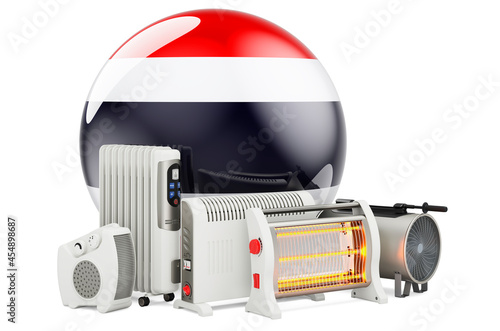 Fototapeta Naklejka Na Ścianę i Meble -  Thai flag with heating devices. Manufacturing, trading and service of convection, fan, oil-filled, and infrared heaters in Thailand. 3D rendering