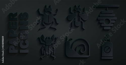 Set Snail, Hive for bees, Beetle deer, Spray against insects, Insect fly and bug icon. Vector
