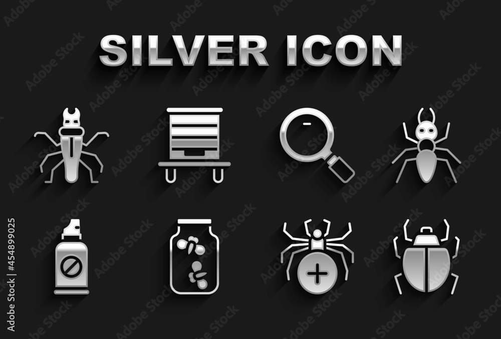 Set Fireflies bugs in a jar, Ant, Mite, Spider, Spray against insects, Magnifying glass, Termite and Hive for bees icon. Vector Set Fireflies bugs in a jar, Ant, Mite, Spider, Spray against insects, Magnifying glass, Termite and Hive for bees icon. Vector