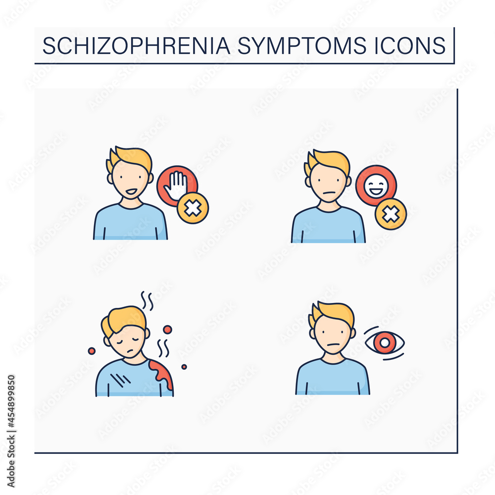 Schizophrenia symptoms color icons set. Poor care, flat, expressionless gaze, emotional expression, Inhibition lack.Healthcare concept. Isolated vector illustrations