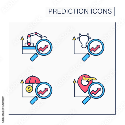 Predictive analytics color icons set. Travel, insurance, manufacturing, agriculture analytics predictive analytics, Business predicting concept.Isolated vector illustrations